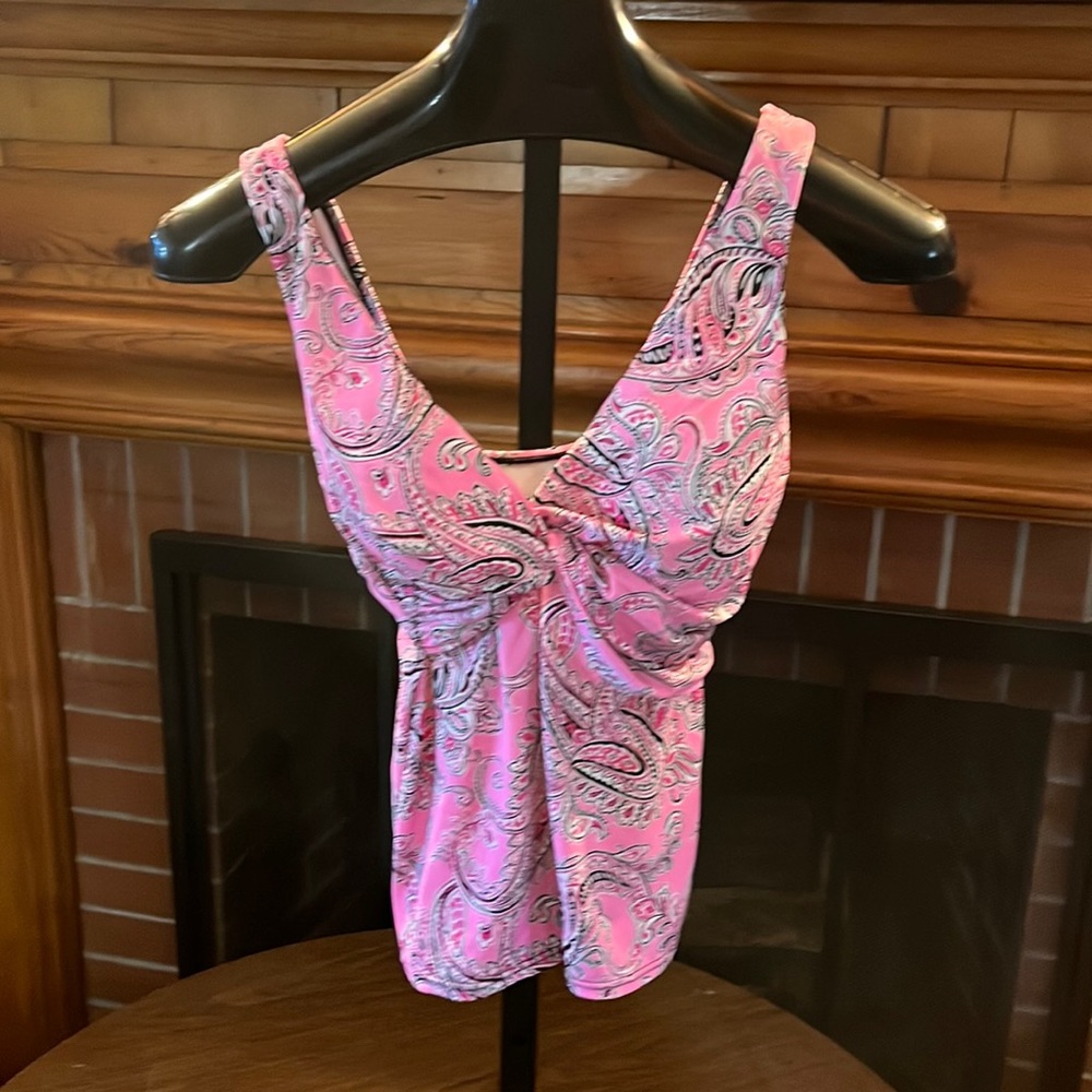 SLIMSHAPER tankini top, pink/black/white paisley, lightly padded cups, size 12